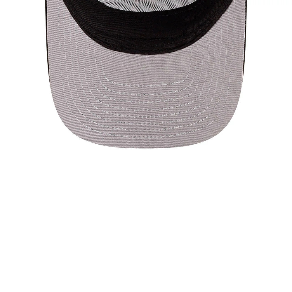 LA Dodgers MLB Day Of The Dead Black New Era 59FIFTY A-Frame Fitted Cap, inside view showing a light grey undervisor with detailed stitch lines, black interior sweatband, and contrasting white taping along the seams.