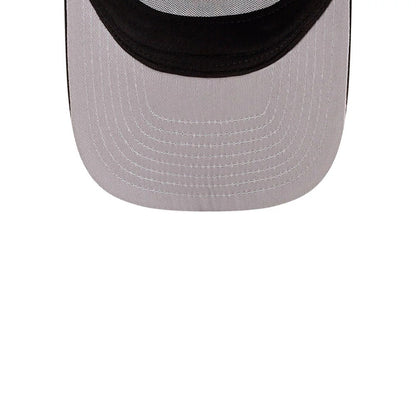 LA Dodgers MLB Day Of The Dead Black New Era 59FIFTY A-Frame Fitted Cap, inside view showing a light grey undervisor with detailed stitch lines, black interior sweatband, and contrasting white taping along the seams.