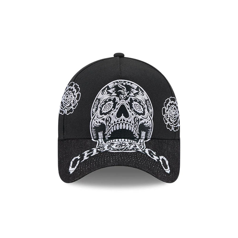 Pictured is this MLB Day Of The Dead Chicago White Sox 9FORTY A-Frame cap in black. 2