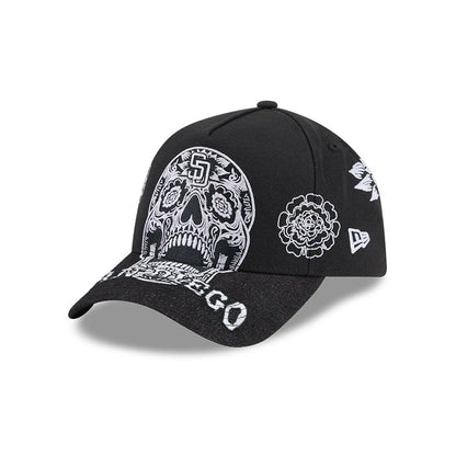 Pictured is this MLB Day Of The Dead San Diego Padres 9FORTY A-Frame cap in black. 1