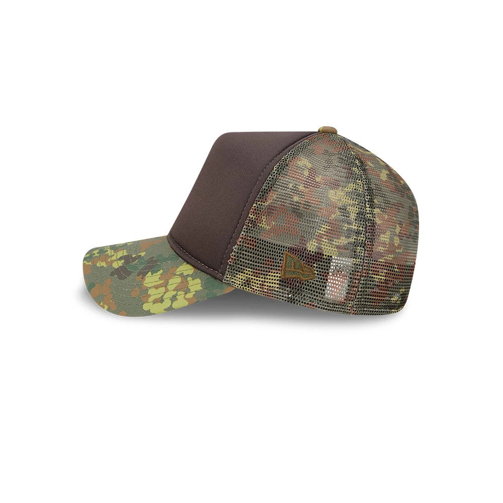 New Era Elevated Basics Green 9FORTY A-Frame Trucker Adjustable Cap, side view showing a camouflage design on the mesh back panels and visor, a brown structured front panel, and the brown New Era flag logo embroidered on the left side.