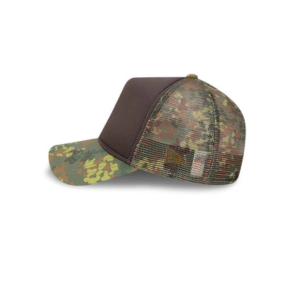 New Era Elevated Basics Green 9FORTY A-Frame Trucker Adjustable Cap, side view showing a camouflage design on the mesh back panels and visor, a brown structured front panel, and the brown New Era flag logo embroidered on the left side.