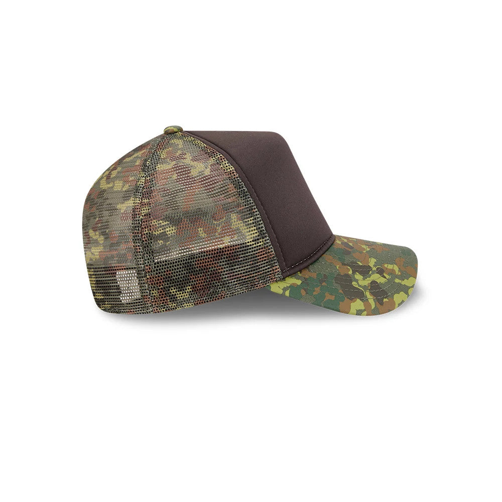 New Era Elevated Basics Green 9FORTY A-Frame Trucker Adjustable Cap, side view showing the camouflage pattern on the curved visor and mesh back panels, with a solid structured front panel and a green top button.