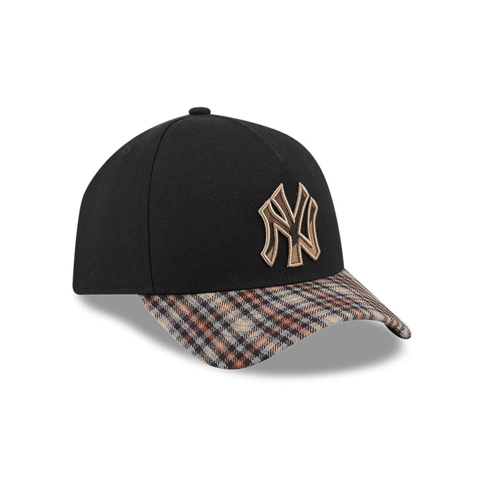 Yankees MLB Fabric Story Black New Era 59FORTY A-Frame Fitted Cap, three-quarter view showing a raised tan embroidered NY logo on the front panel and a tweed-patterned curved visor, with a matching black top button and structured crown.