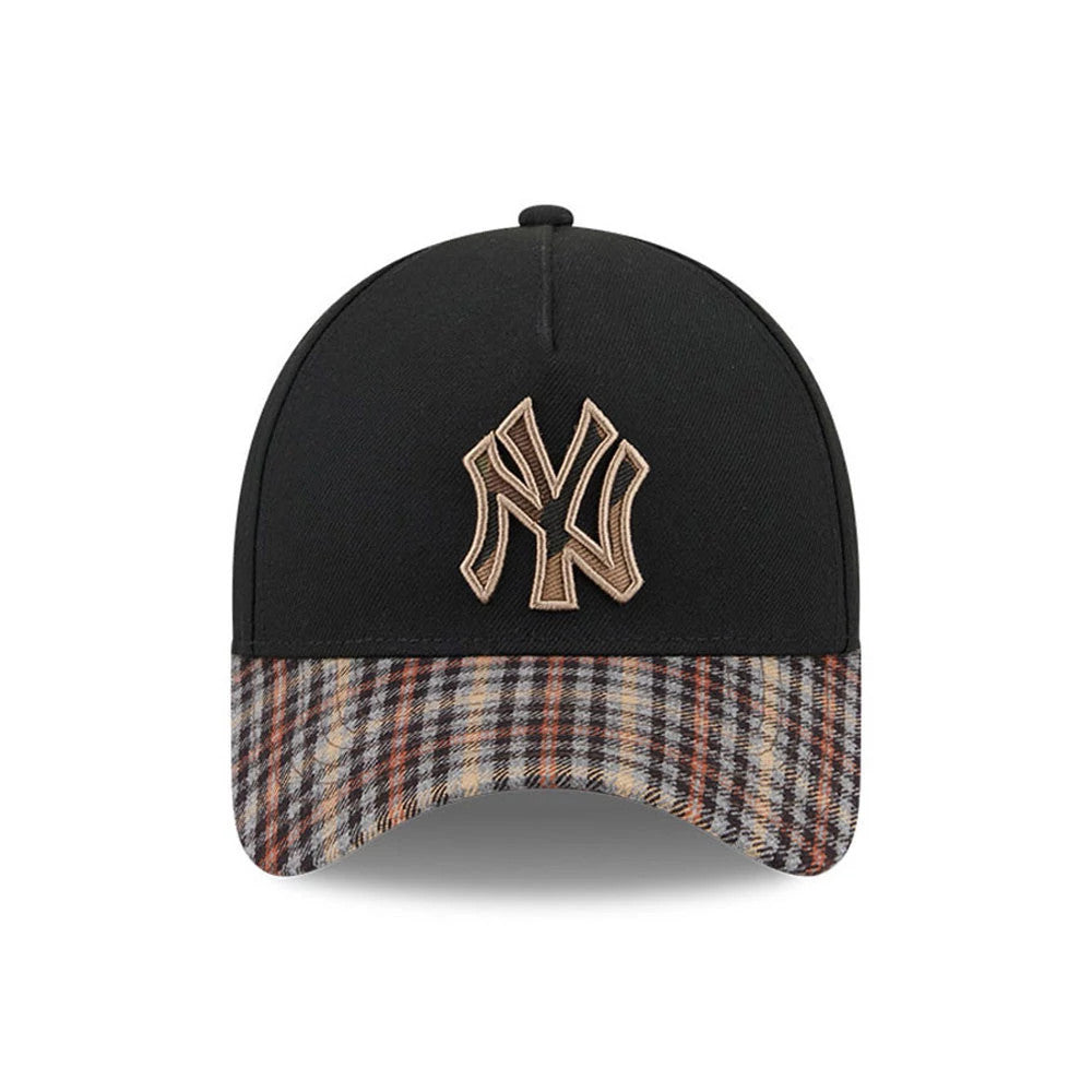 Yankees MLB Fabric Story Black New Era 59FORTY A-Frame Fitted Cap, front view showing a cream embroidered Yankees logo on a structured black crown, with a distinctive plaid pattern on the curved visor in shades of brown, grey, and tan.
