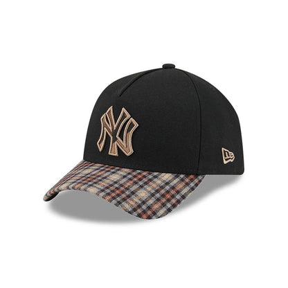 Yankees MLB Fabric Story Black New Era 59FORTY A-Frame Fitted Cap, three-quarter view showing a raised tan embroidered NY logo on the front panel, a multicoloured plaid visor, and the New Era flag logo on the left side.