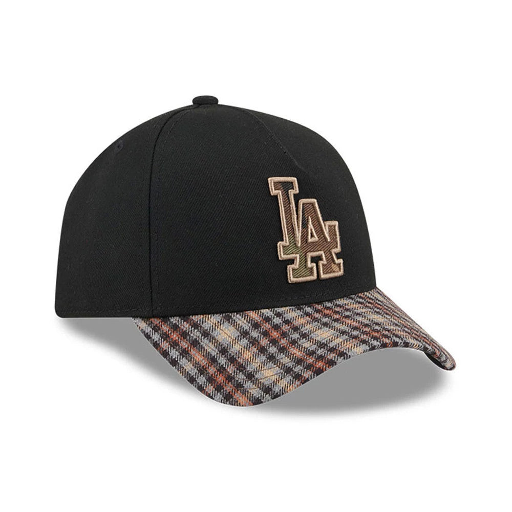 LA Dodgers MLB Fabric Story Black New Era 59FORTY A-Frame Fitted Cap, three-quarter view showing the raised LA logo in brown and green embroidery on the structured black front panels, with a multicoloured plaid pattern on the curved visor.