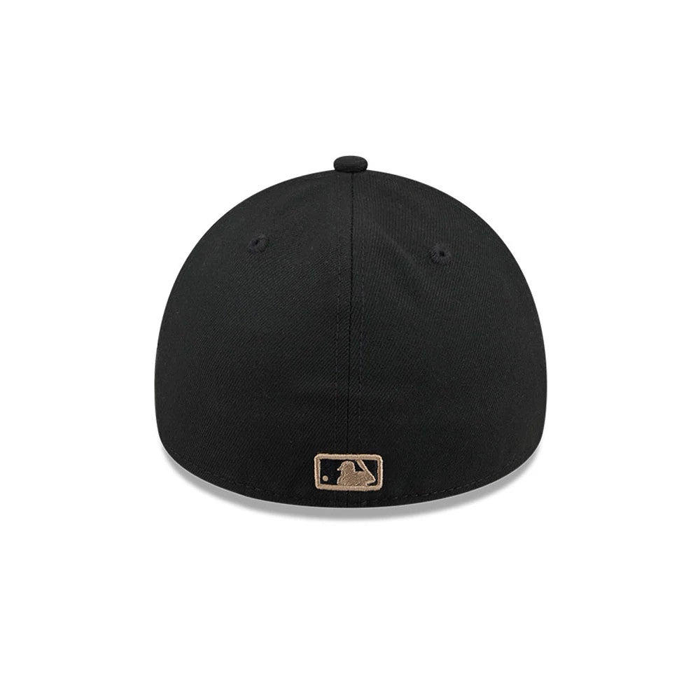 LA Dodgers MLB Fabric Story Black New Era 59FORTY A-Frame Fitted Cap, rear view showing the beige embroidered MLB Batterman logo centred at the base of the black structured crown, with two black eyelets on each back panel.