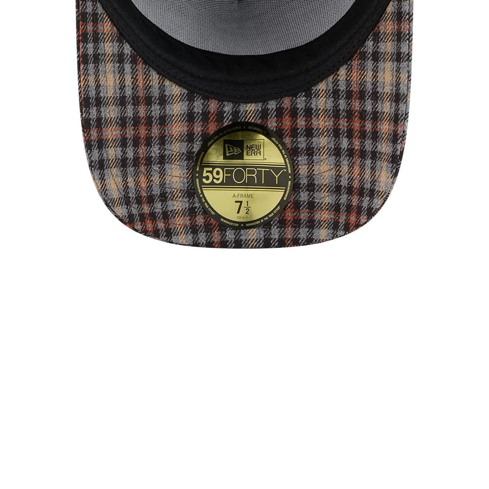 LA Dodgers MLB Fabric Story Black New Era 59FORTY A-Frame Fitted Cap, inside view showing a detailed plaid pattern on the visor, a gold 59FORTY size sticker fixed on the flat visor, and black taping around the interior edge.