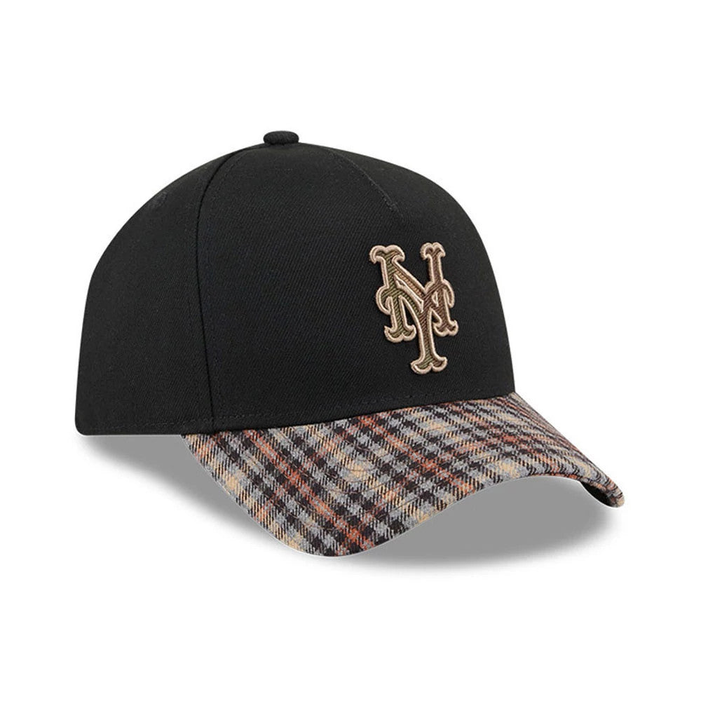 New York Mets MLB Fabric Story Black New Era 59FORTY A-Frame Fitted Cap, three-quarter view showing the raised brown embroidered NY logo on the front black panel, complemented by a patterned check visor in shades of brown and grey.