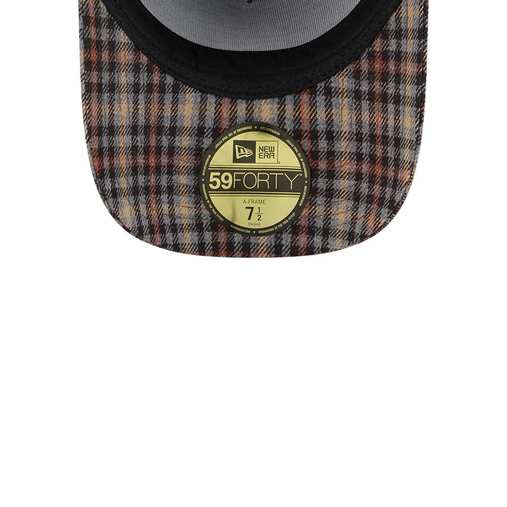 New York Mets MLB Fabric Story Black New Era 59FORTY A-Frame Fitted Cap, inside view showing a grey lining with black sweatband, a plaid patterned undervisor in shades of brown and orange, and a gold 59FORTY size sticker centrally placed.
