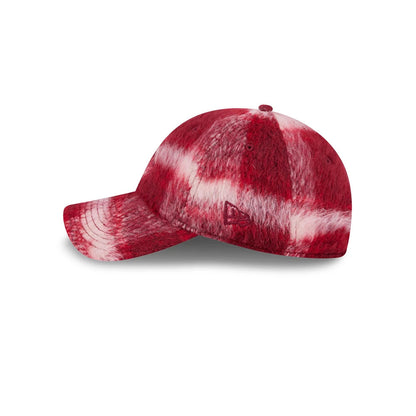 New Era Chicago White Sox MLB Fabric Story Red Casual Classic Adjustable Cap, side view showing the New Era flag logo embroidered on the left side of the plush, textured red and white patterned crown, with a curved visor and top button.