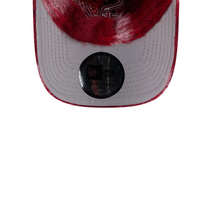 New Era Chicago White Sox MLB Fabric Story Red Casual Classic Adjustable Cap, underside view showing a grey undervisor with stitched panel lines, a black New Era Casual Classic adjustable sticker, and a fuzzy red edge around the visor.