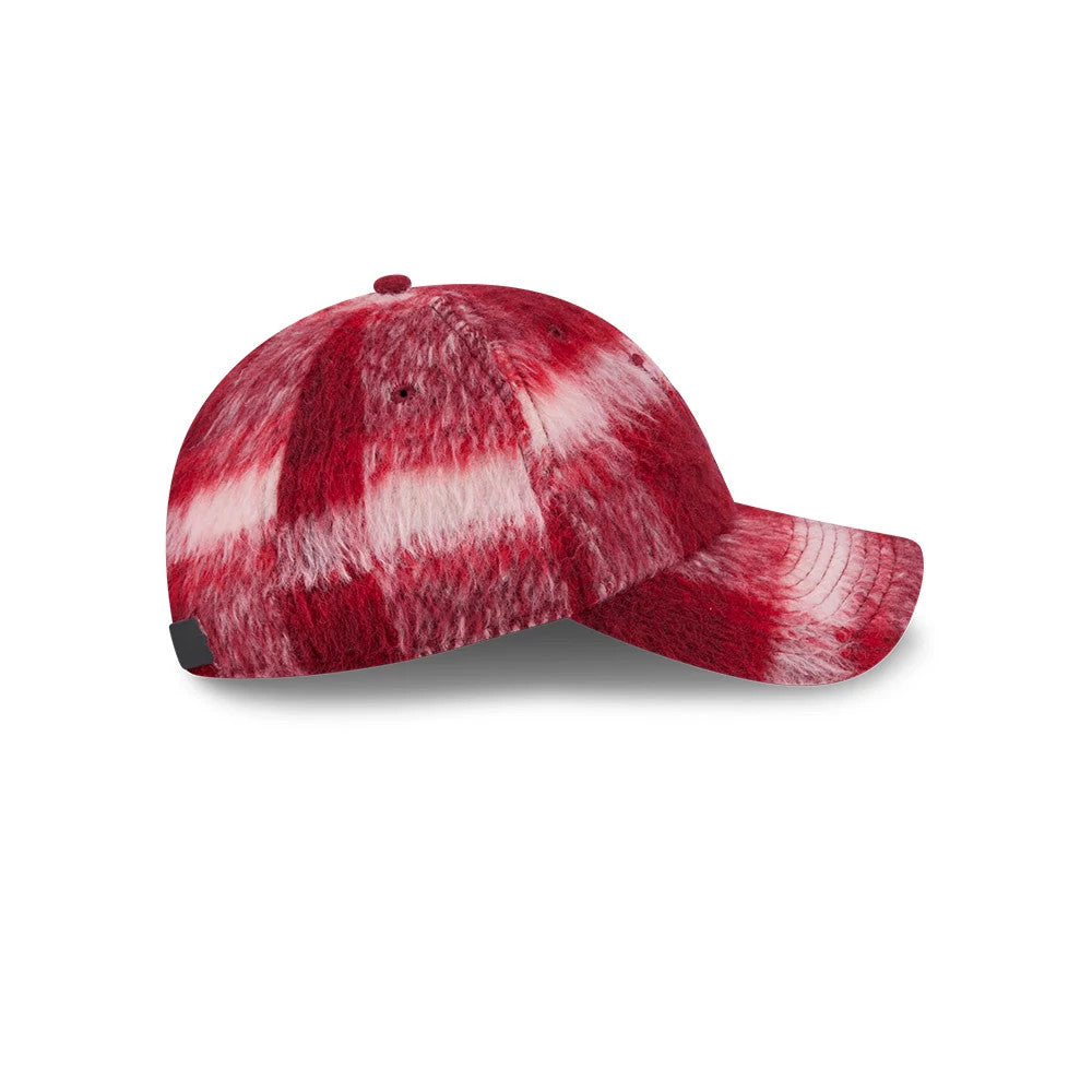 New Era LA Dodgers MLB Fabric Story Red Casual Classic Adjustable Cap, three-quarter view showing a patterned red fabric design with a pre-curved visor, a matching top button, and black adjustable strap at the rear.