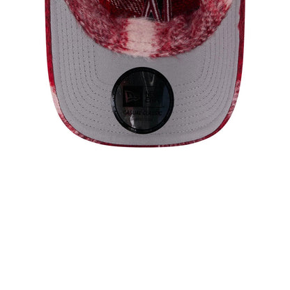 LA Dodgers MLB Fabric Story Red New Era Casual Classic Adjustable Cap, inside view showing a white undervisor with a New Era Casual Classic sticker, red inner crown with patterned fabric, and grey stitching detail.