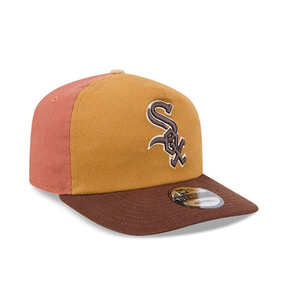 Chicago White Sox MLB Fall Story Multi New Era 19TWENTY Adjustable Cap, three-quarter view showing the white embroidered Sox logo prominently on the mustard front panel, with a brown curved visor and a 19TWENTY size sticker.