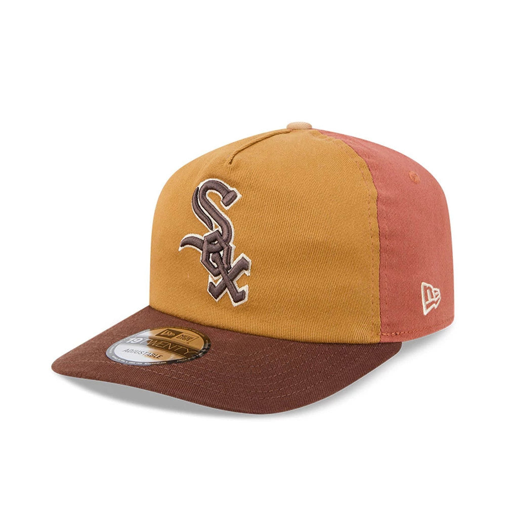 Chicago White Sox MLB Fall Story Multi New Era 19TWENTY Adjustable Cap, front view showing a brown embroidered team logo on a mustard yellow front panel, a contrasting brown visor with a 19TWENTY size sticker.