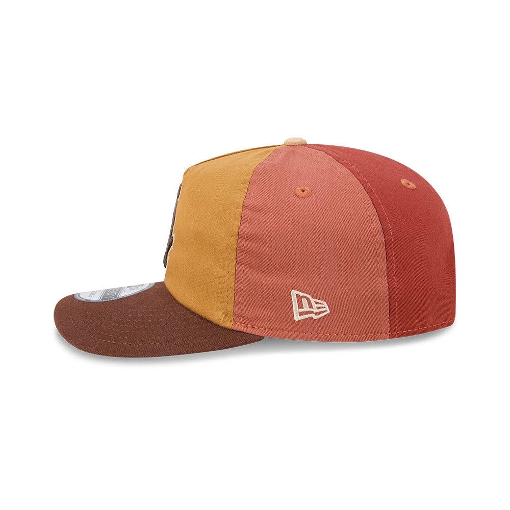 Chicago White Sox MLB Fall Story Multi New Era 19TWENTY Adjustable Cap, side view showing the embroidered New Era flag logo on the left side, with a brown visor, and a multicoloured crown featuring mustard and red panels.