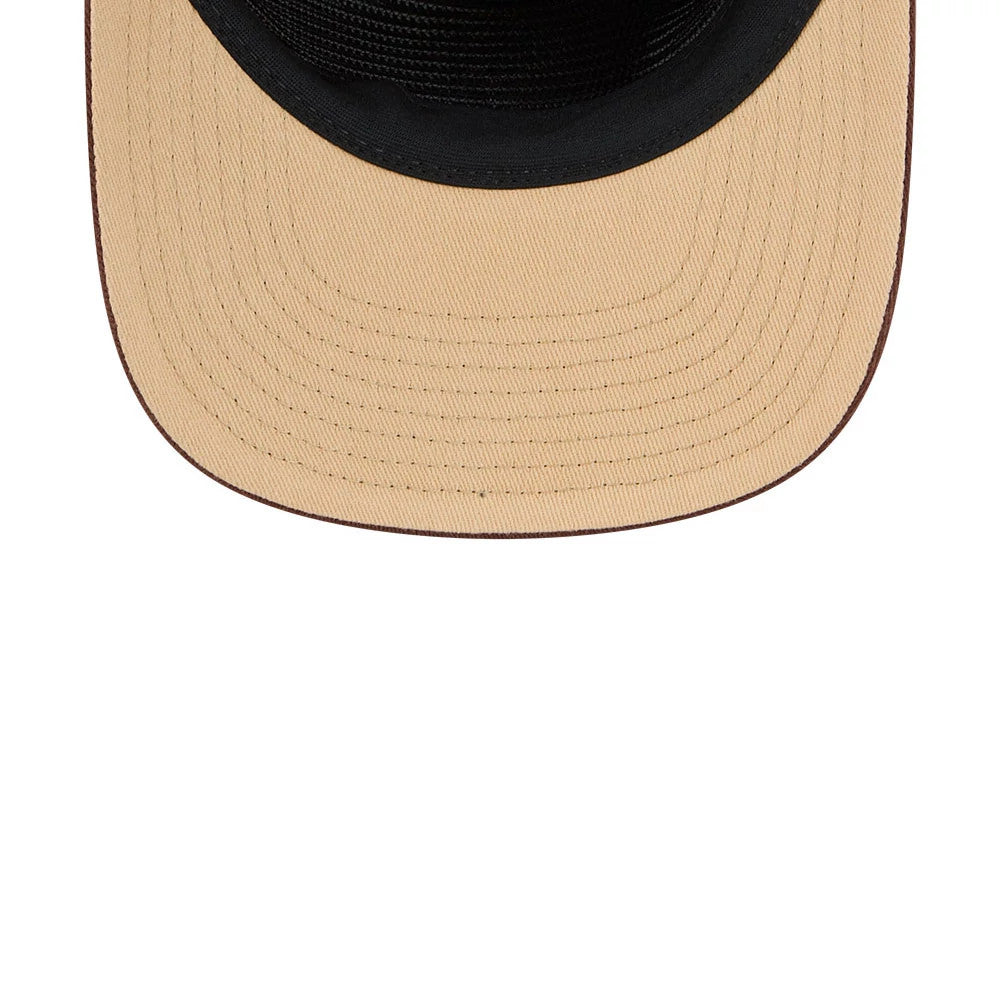 Chicago White Sox MLB Fall Story Multi New Era 19TWENTY Adjustable Cap, inside view showing a tan undervisor with black stitching, a black interior sweatband, and dark tape lines on the crown underside.