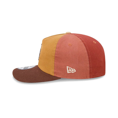 LA Dodgers MLB Fall Story Multi New Era 19TWENTY Adjustable Cap, side view showing a cream New Era flag logo on the red panel, with a brown visor and multicoloured crown featuring red and mustard panels.