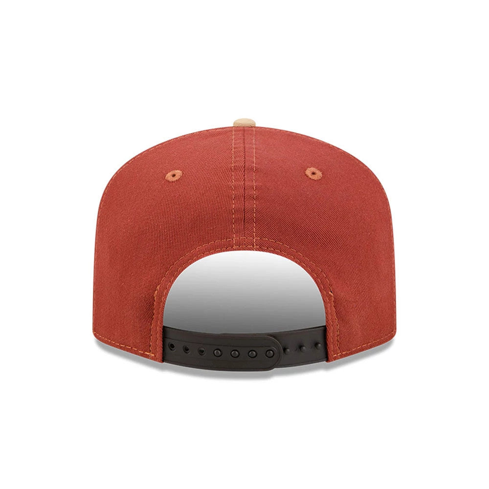 LA Dodgers MLB Fall Story Multi New Era 19TWENTY Adjustable Cap, rear view showing a red structured crown with matching eyelets, a beige top button, and a black adjustable snap strap for a custom fit.