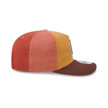LA Dodgers MLB Fall Story Multi New Era 19TWENTY Adjustable Cap, side view showing the multi-coloured panel design of rust red, mustard yellow, and brown, with a flat visor and the New Era flag logo embroidered on the left side.