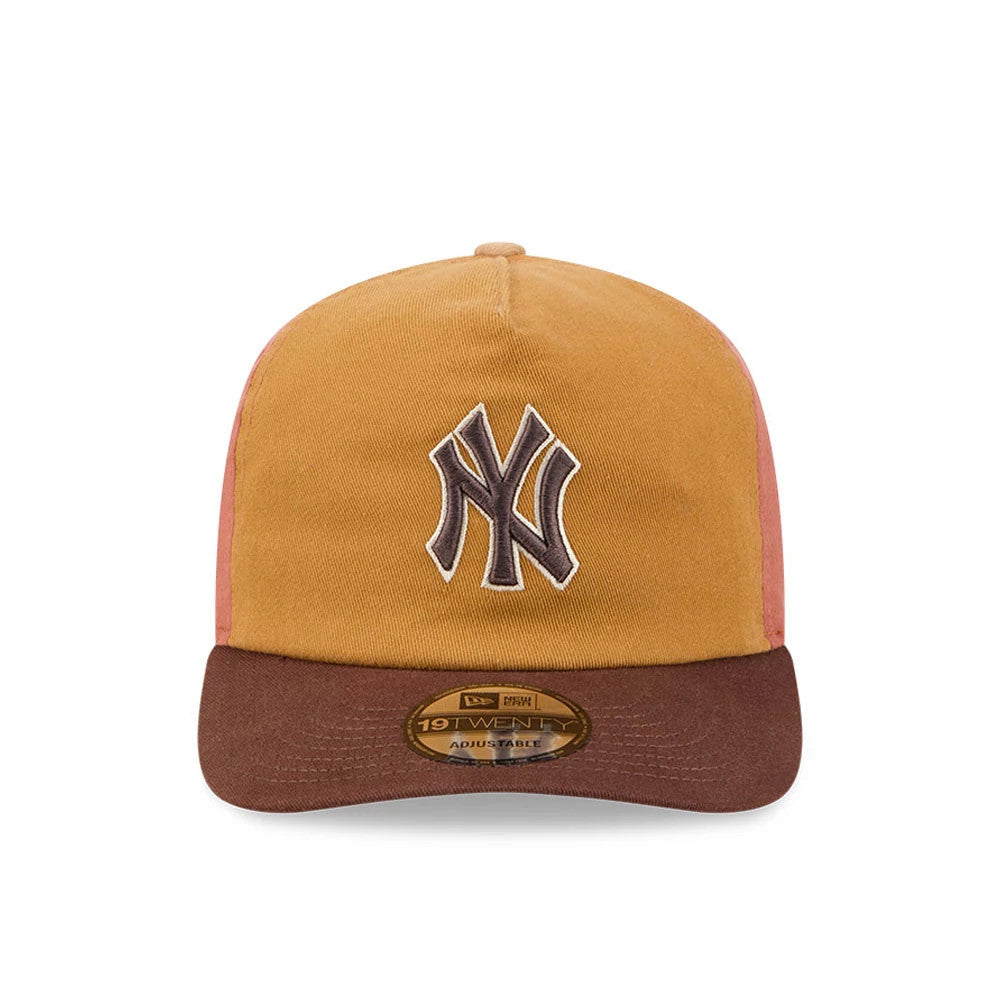 New York Yankees MLB Fall Story Multi New Era 19TWENTY Adjustable Cap, front view showing the raised brown embroidered NY logo on the mustard front panel, with a brown visor and a 19TWENTY size sticker on the visor.