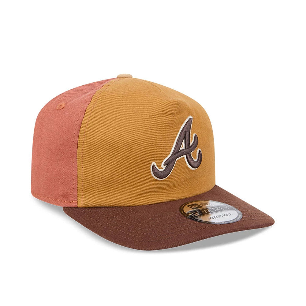 Atlanta Braves MLB Fall Story Multi New Era 19TWENTY Adjustable Cap, three-quarter view showing the brown embroidered A logo on the left front panel, contrasted with a golden-brown front and a dark brown flat visor with a 19TWENTY size sticker.