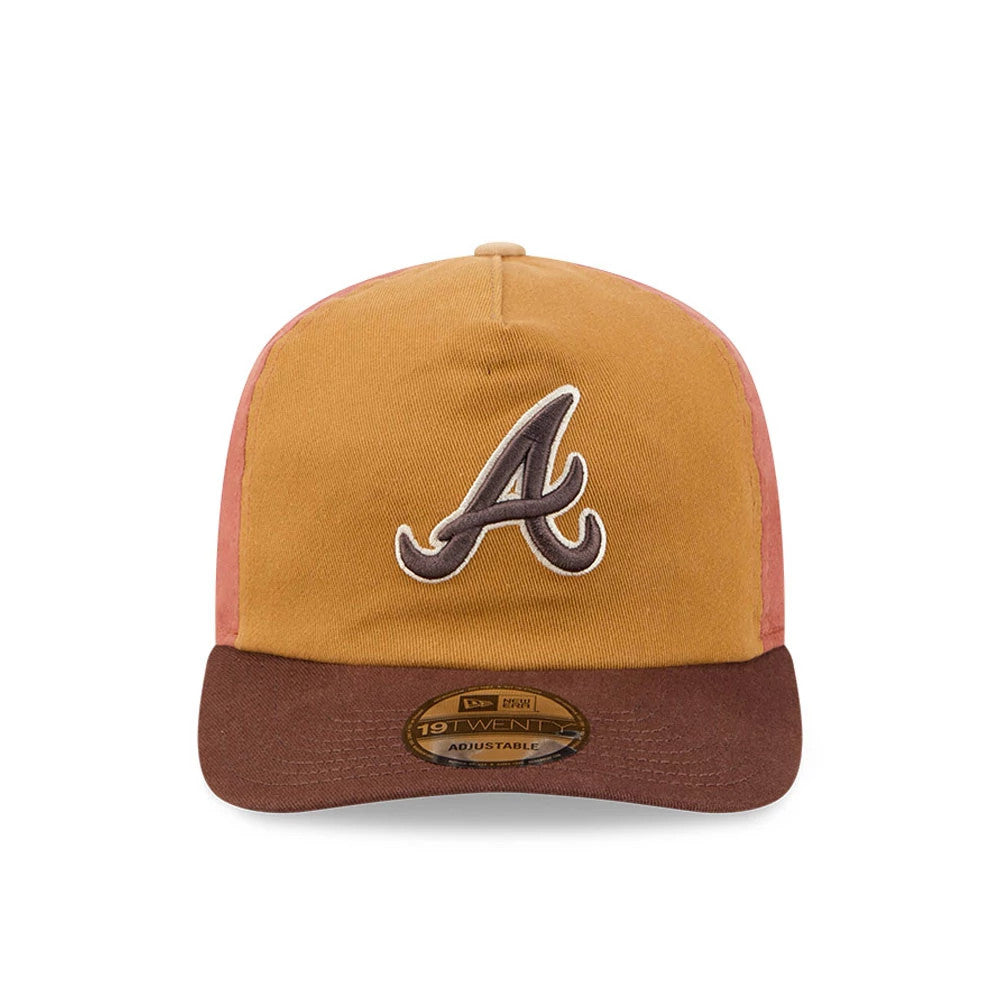 Atlanta Braves MLB Fall Story Multi New Era 19TWENTY Adjustable Cap, front view showing the raised brown embroidered A logo on the mustard-coloured front panel, with a brown flat visor and a 19TWENTY size sticker.