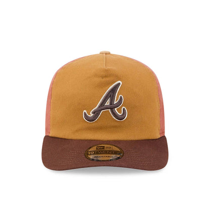 Atlanta Braves MLB Fall Story Multi New Era 19TWENTY Adjustable Cap, front view showing the raised brown embroidered A logo on the mustard-coloured front panel, with a brown flat visor and a 19TWENTY size sticker.