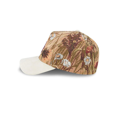 LA Dodgers MLB Fall Story Brown New Era 59FORTY A-Frame Fitted Cap, side view showing embroidered floral patterns on the brown crown, the white New Era flag logo on the left side, and a cream-coloured curved visor with textured lines.