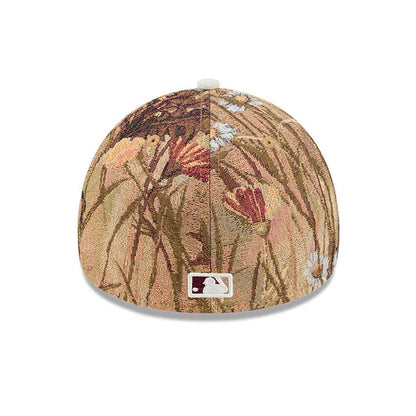 Boston Red Sox MLB Fall Story Brown New Era 59FORTY A-Frame Fitted Cap, rear view showing the embroidered MLB Batterman logo at the centre back, with a detailed multicoloured floral tapestry pattern covering the structured crown.