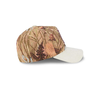 Boston Red Sox MLB Fall Story Brown New Era 59FORTY A-Frame Fitted Cap, side view showing a detailed nature-inspired pattern on the structured crown, with beige top button, eyelets, and a contrasting cream curved visor.
