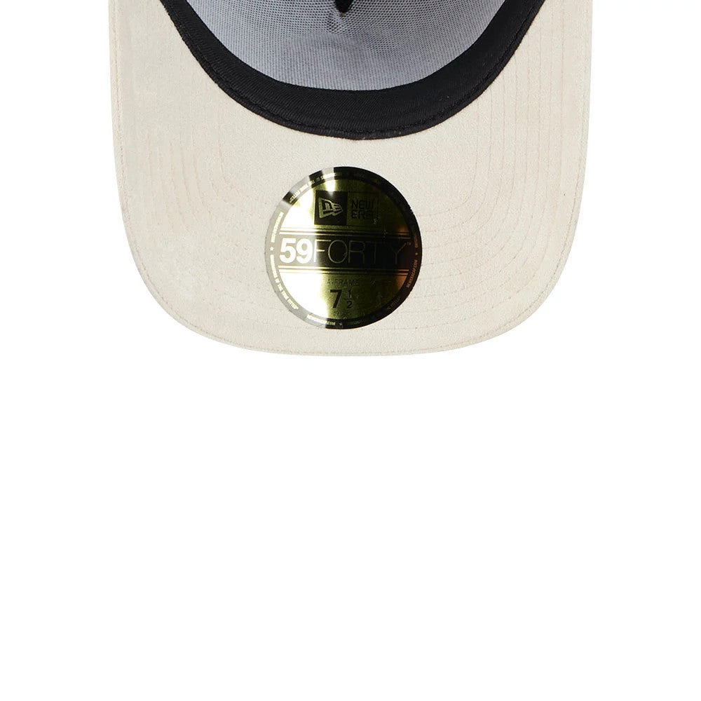 Boston Red Sox MLB Fall Story Brown New Era 59FORTY A-Frame Fitted Cap, underside view showing a beige undervisor, black sweatband, and a gold 59FORTY size sticker on the centre of the visor.