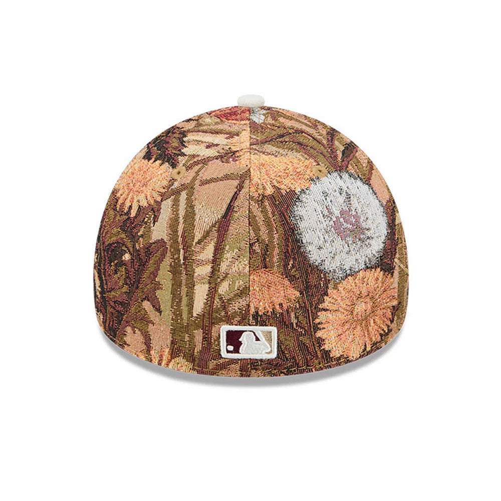 Yankees MLB Fall Story Brown New Era 59FORTY A-Frame Fitted Cap, rear view showing the white MLB Batterman logo at the centre of the intricately embroidered floral patterned panels, with a round fabric top button.