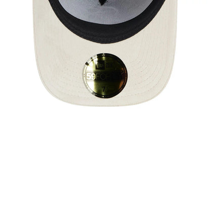 Chicago White Sox MLB Fall Story Brown New Era 59FORTY A-Frame Fitted Cap, inside view showing the black undervisor, grey crown interior fabric, and the gold 59FORTY size sticker on the underside of the cream visor.