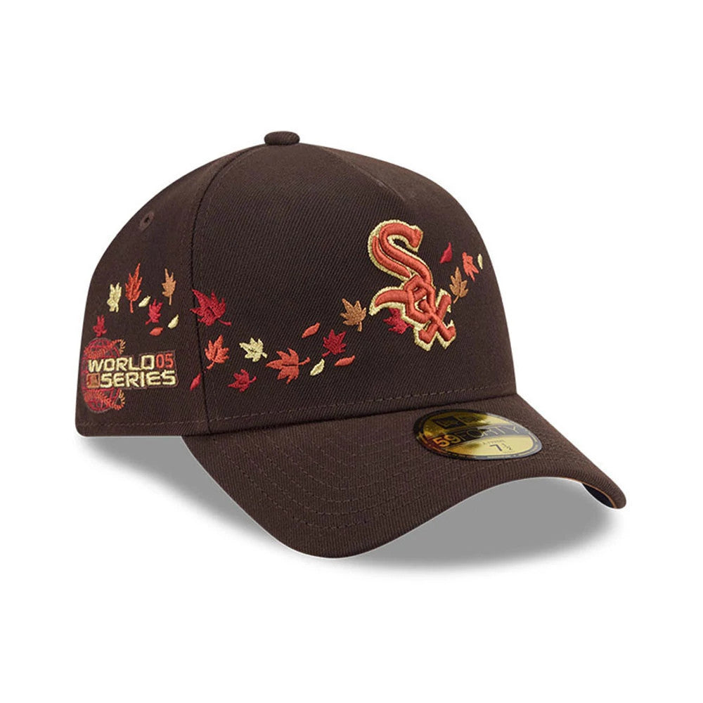 Chicago White Sox MLB Fall Story Dark Brown New Era 59FORTY A-Frame Fitted Cap, front view showing the red and gold embroidered logo on the front panel, surrounded by autumn leaves, with a gold 59FORTY size sticker on the curved visor.