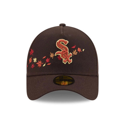 Chicago White Sox MLB Fall Story Dark Brown New Era 59FORTY A-Frame Fitted Cap, front view showing a gold and orange embroidered Sox logo on the dark brown front panel, surrounded by autumn leaves.