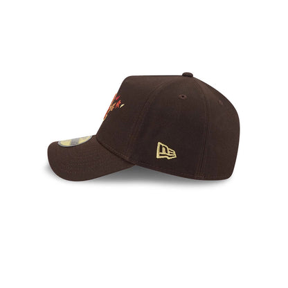 Chicago White Sox MLB Fall Story Dark Brown New Era 59FORTY A-Frame Fitted Cap, side view showing the gold New Era flag logo on the left side, structured dark brown crown, and the curved visor with a 59FORTY size sticker.