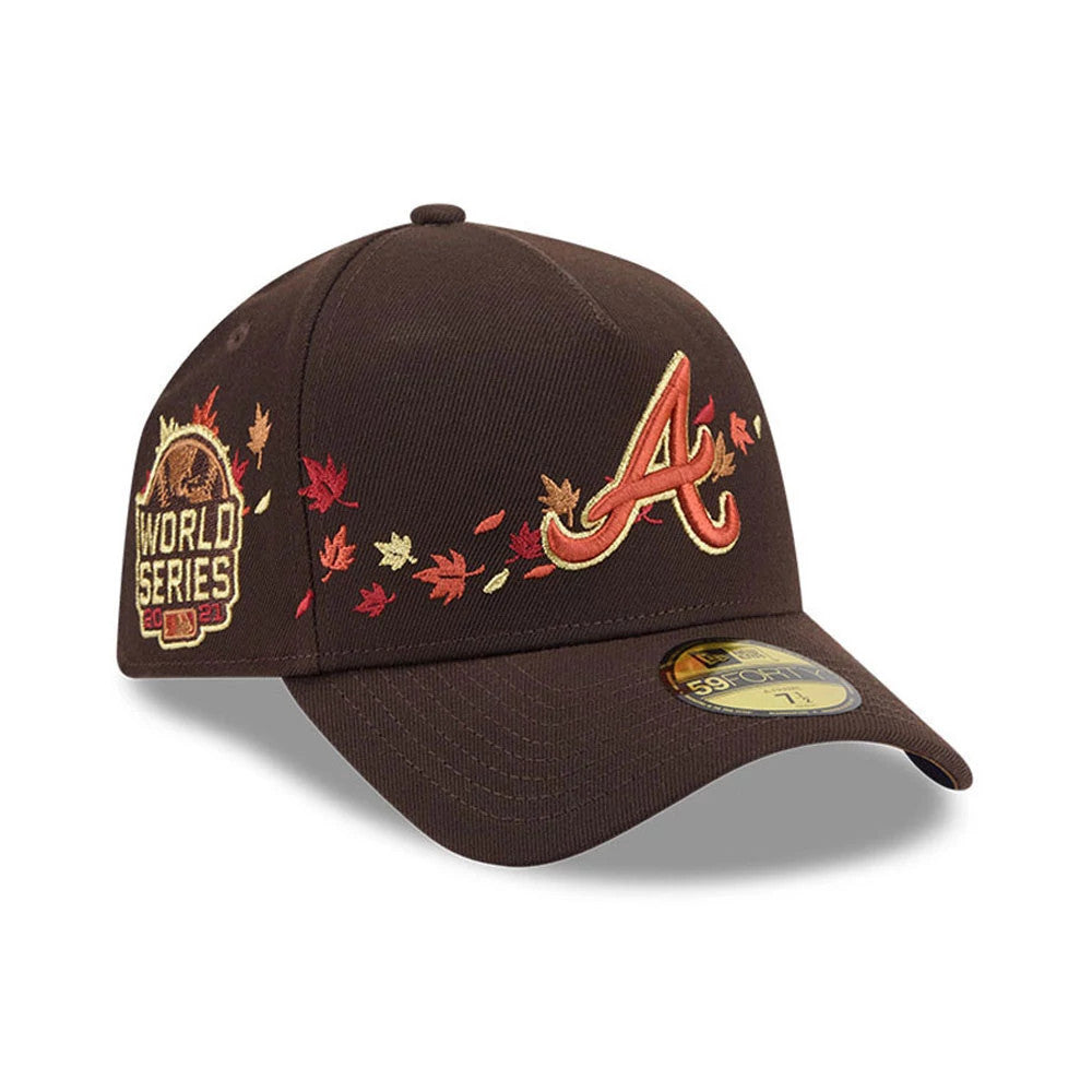 Atlanta Braves MLB Fall Story Dark Brown New Era 59FORTY A-Frame Fitted Cap, three-quarter view showing the red and orange embroidered Atlanta Braves logo on the front panel, autumn leaves on the side panel.