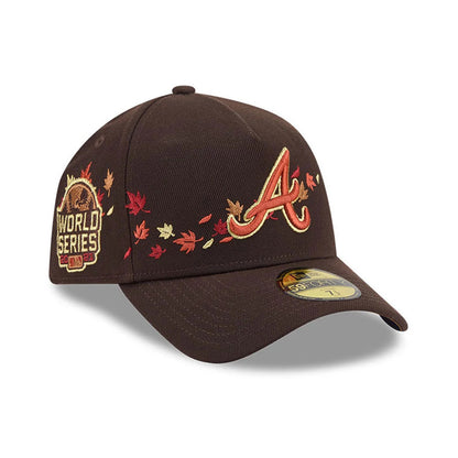 Atlanta Braves MLB Fall Story Dark Brown New Era 59FORTY A-Frame Fitted Cap, three-quarter view showing the red and orange embroidered Atlanta Braves logo on the front panel, autumn leaves on the side panel.