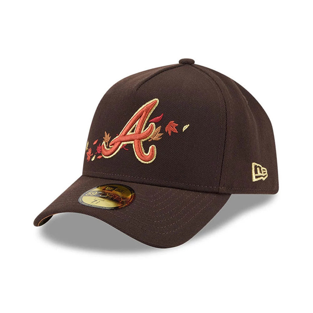 Atlanta Braves MLB Fall Story Dark Brown New Era 59FORTY A-Frame Fitted Cap, three-quarter view showing the orange and red embroidered A logo accented with autumn leaves on the front panel, and the New Era flag logo on the left side.