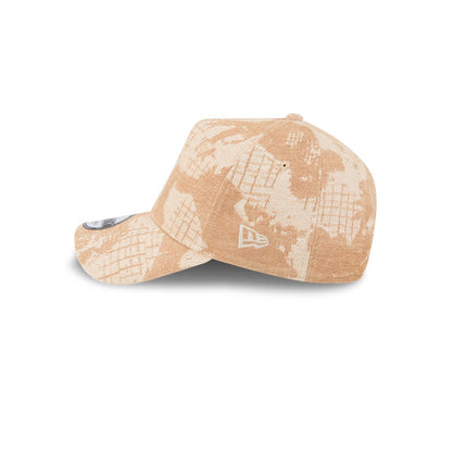 New York Yankees MLB Fall Story Dark Beige New Era 9FORTY A-Frame Adjustable Cap, side view showing the embroidered New Era flag logo on the left side of the structured dark beige crown with a pattern, and a curved visor with a 9FORTY size sticker.