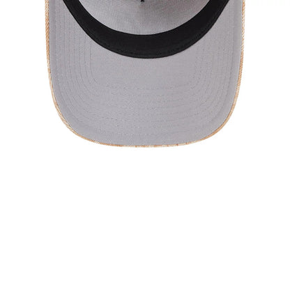 New York Yankees MLB Fall Story Dark Beige New Era 9FORTY A-Frame Adjustable Cap, inside view showing a grey undervisor, black sweatband, and beige stitching around the edge of the visor, highlighting the detailed craftsmanship.
