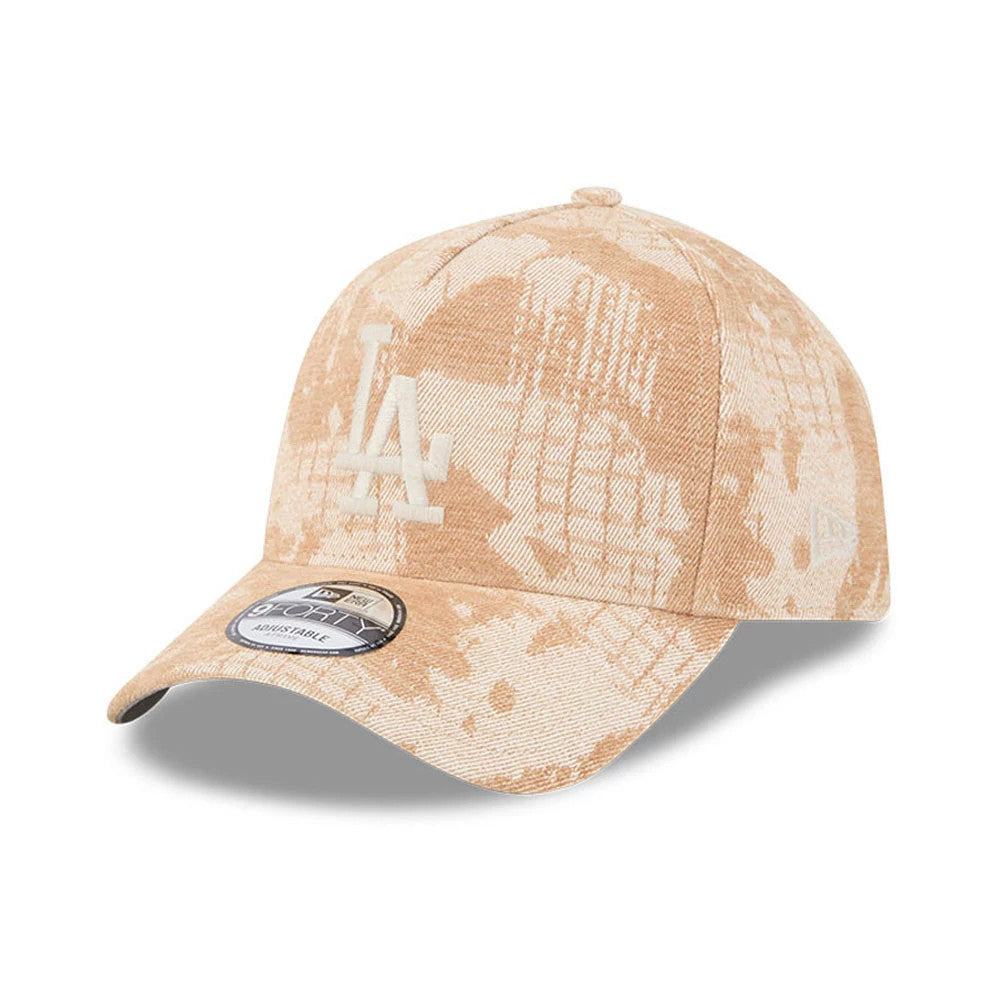 LA Dodgers MLB Fall Story Beige New Era 9FORTY A-Frame Adjustable Cap, three-quarter view showing a white raised embroidered LA logo centred on the front panels, a curved beige visor with a 9FORTY size sticker.