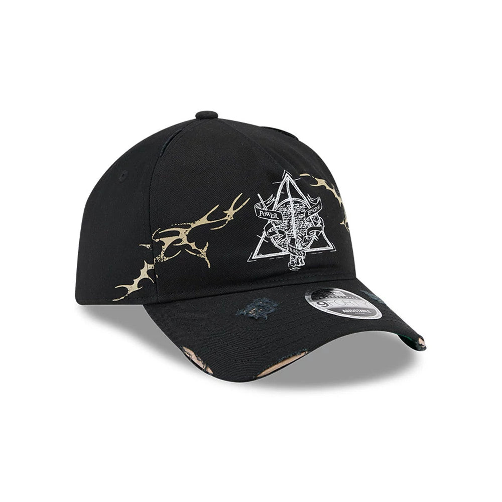 Harry Potter Deathly Hallows Black New Era 9FORTY A-Frame Unstructured Cap, front view showing the white embroidered Deathly Hallows-themed graphic on the front panels, cream mystical patterns on the sides.