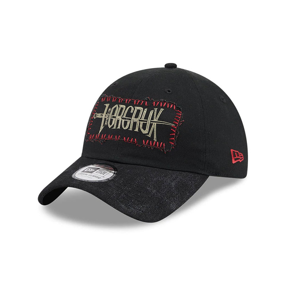 New Era Harry Potter Horcrux Black Casual Classic Adjustable Cap, three-quarter view showing the intricate embroidered Horcrux patch with red stitching on the front panel, a black pre-curved visor with a 9FORTY size sticker.
