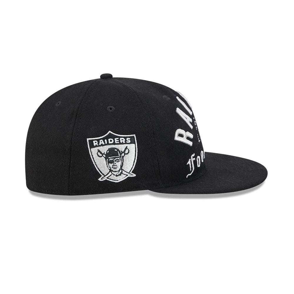 Las Vegas Raiders NFL Historic Arch Black Retro Crown New Era 59FIFTY Fitted Cap, side view showing the white embroidered Raiders shield logo on the black crown, curved visor and the contrasting grey top button.