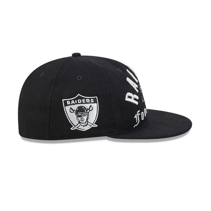 Las Vegas Raiders NFL Historic Arch Black Retro Crown New Era 59FIFTY Fitted Cap, side view showing the white embroidered Raiders shield logo on the black crown, curved visor and the contrasting grey top button.