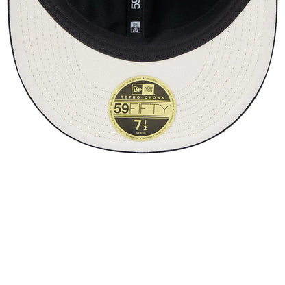 Las Vegas Raiders NFL Historic Arch Black Retro Crown New Era 59FIFTY Fitted Cap, inside view showing a white undervisor with a black edge, black sweatband, taping with 59FIFTY text, and a gold 59FIFTY size sticker in the centre.